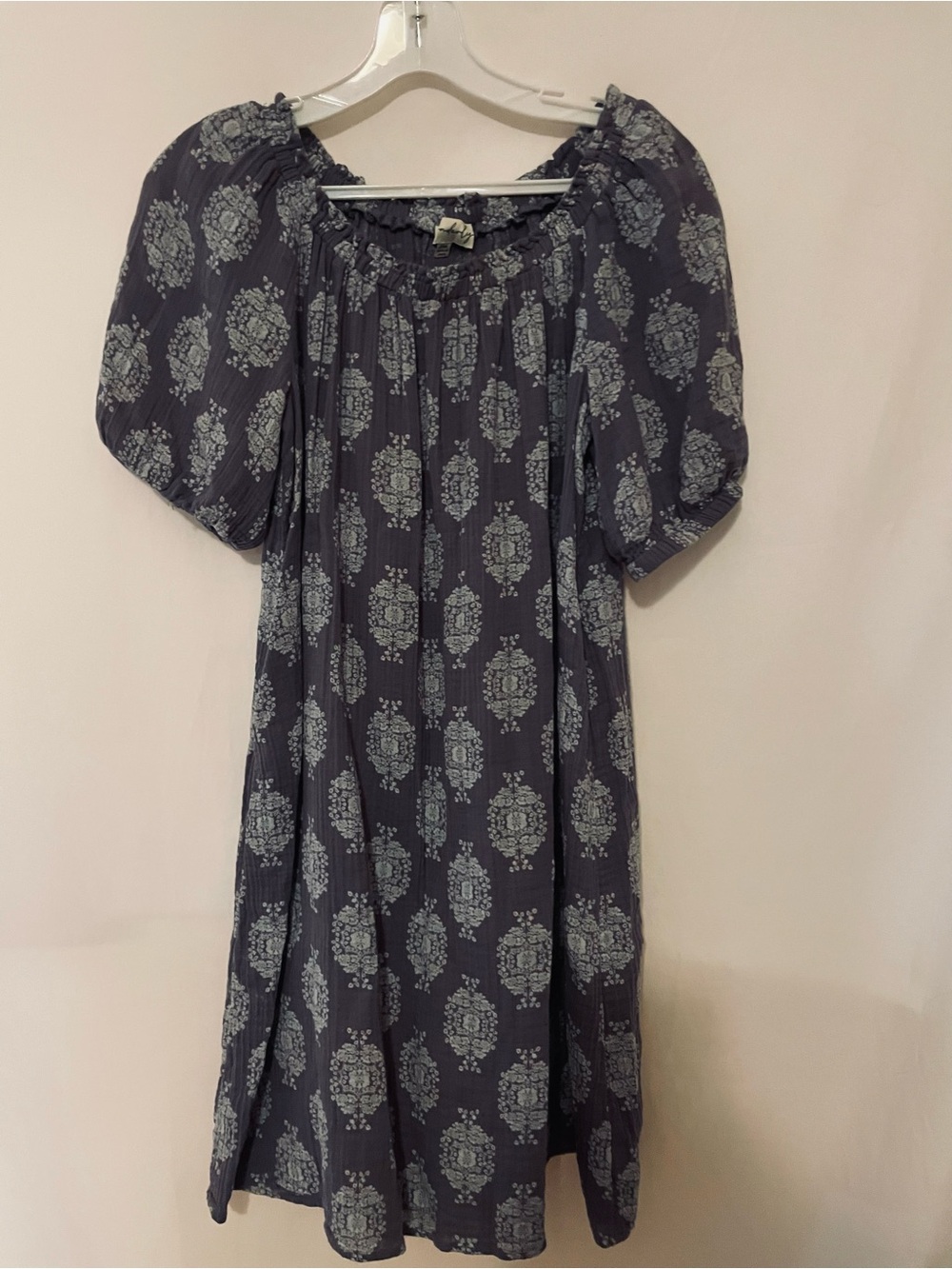 Wonderly Charcoal Gray Midi Dress with Pale Gray Medallion Print
